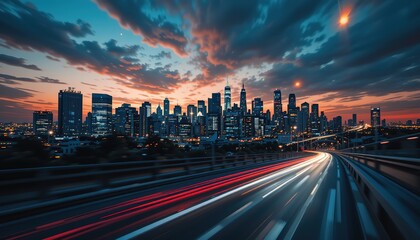 Poster - Asphalt Road Leading to Futuristic City Skyline at Dawn, Cityscape panorama featuring vibrant sky over a bustling highway with streaks of light and the urban skyline glows 
