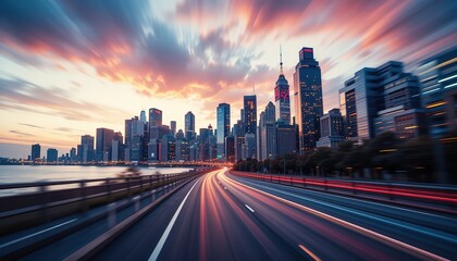 Poster - Asphalt Road Leading to Futuristic City Skyline at Dawn,  skyline glows at sunset, with vibrant colors and streaks of car lights illuminating the road ahead
