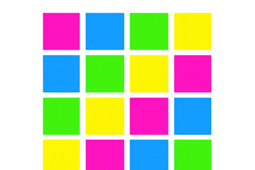 Poster - Vibrant checkered pattern with pink, blue, green, yellow squares overlapping on transparent background, forming geometric mosaic