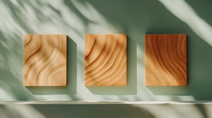 Poster - Three carved wooden panels on a green wall, sunlit.