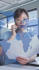 Poster - Animation of map with numbers over asian businesswoman discussing report over phone and using laptop
