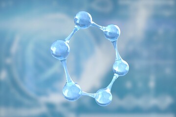 Poster - Digital render showing molecular ring seven blue spheres linking rods over blue circuitry backdrop