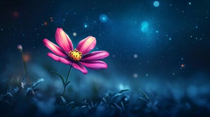 Wall Mural - single pink cosmos flower glowing at night, surrounded by fireflies and bokeh.
