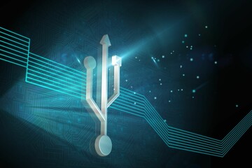 Poster - 3D USB icon is floating in virtual circuit board environment, featuring neon blue circuit traces