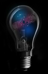 Poster - 3D render clear bulb is glowing on black background, showing drifting blue and magenta particles