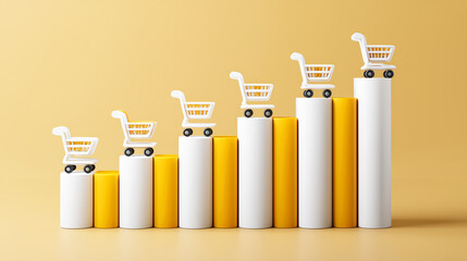 Poster - Growth in E-commerce Shopping Trends Illustrated with Miniature Shopping Carts on Vibrant Yellow Background for Business and Marketing Concepts
