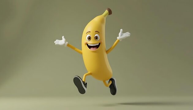 An illustration of a cheerful banana with hands wearing white gloves and foots wearing black shoes , jumping with a happy expression. realistic, cartoon, 3D style