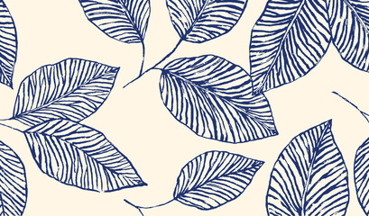 botanical navy blue leaves pattern on cream background vintage illustration style.