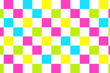 Poster - Vibrant geometric pattern with intersecting pink, blue, yellow, green squares creating lively, dynamic visual design on transparent background