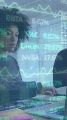 Poster - Animation of trading board, binary codes, computer language over woman working on laptop