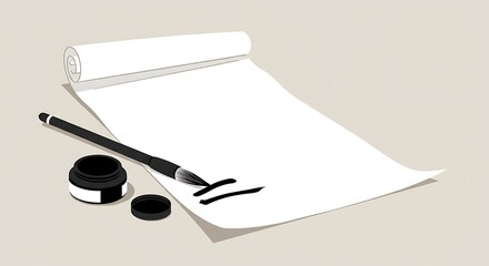 Fototapete - Rolled paper with ink brush and inkwell.