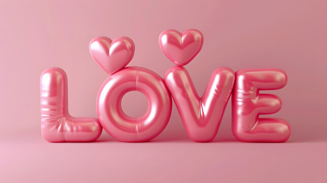3D sticker with LOVE text pink heart shapes