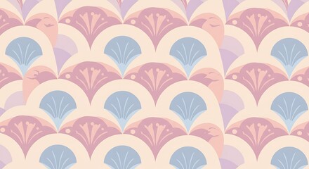 Fototapete - Delicate, pastel-hued repeating pattern of stylized floral and scallop motifs.