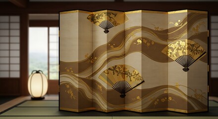 Fototapete - Ornate room divider with flowing patterns and gold fans.