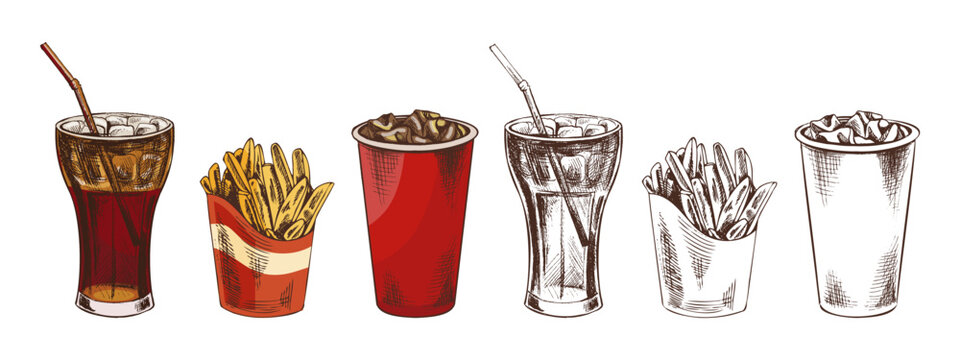 Hand drawn vintage fast food set with color and monochrome versions of fizzy drink and French fries combo
