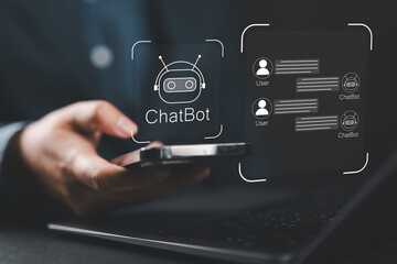 Poster - Man using system AI Chatbot in laptop or mobile application to uses artificial intelligence chatbots automatically respond online messages intelligent service to help customers