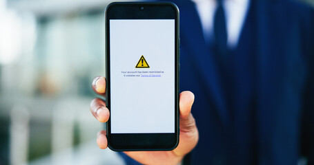 Poster - Business person, hands and phone screen with warning message for restricted access or notification. Closeup, accountant or user with mobile smartphone display or alert for app or account termination