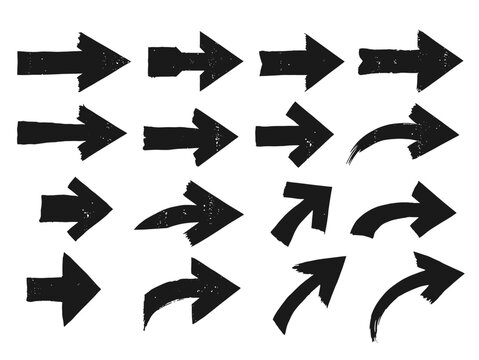 Grunge Hand drawn Arrow Set with different angles for creative design, presentations, infographics, and decorative purposes. Arrow mark icons isolated on PNG background