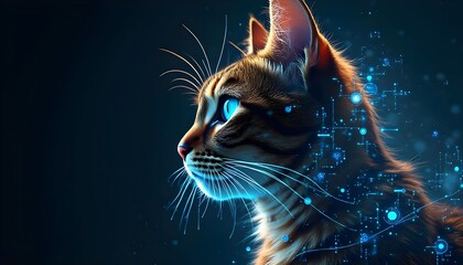 Aufkleber - Futuristic cybernetic cat digital art ai generated tabby cat with glowing blue eyes and circuit design