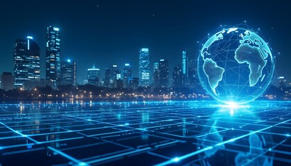 Aufkleber - Global network technology background with city skyline and digital world connectivity concept design