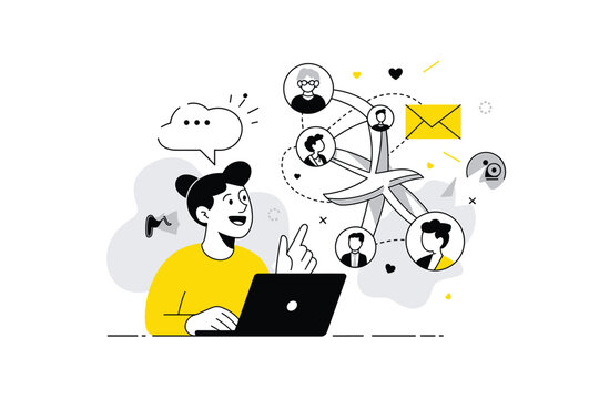 Woman Networking Online with Laptop, Connecting with People Through Social Media, Email, and Messaging.