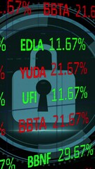 Poster - Animation of stock market data processing and security padlock against black background