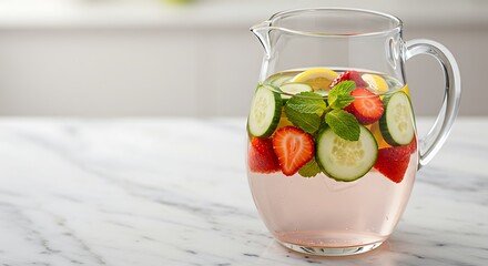 Fototapete - Refreshing beverage pitcher filled with sliced cucumber, strawberries, and lemon.