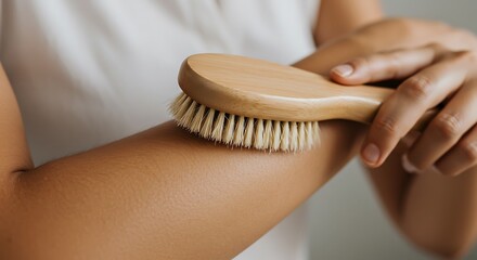 Fototapete - Close-up of a person using a natural bristle body brush.