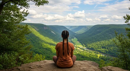 Fototapete - Person meditating on a mountaintop overlooking a valley.