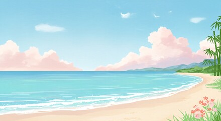 Fototapete - Serene beach scene under a pastel sky.