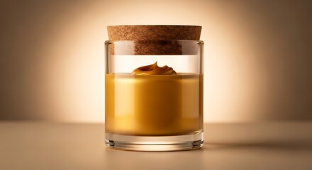 Fototapete - Golden liquid in a clear glass jar with a cork lid.