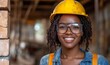 © Rocks Nair - Happy Black African American female builder bricklayer. Professional portrait of a tradeswoman builder in an inclusive work environment, Generative AI