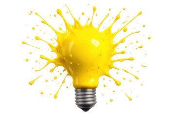 Poster - Yellow paint dynamically splashes from a light bulb against a transparent background, symbolizing creativity and innovation in design