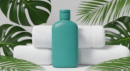 Fototapete - Teal bottle and white towels surrounded by tropical leaves.