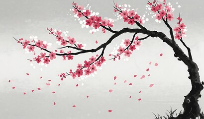 Fototapete - Delicate cherry blossoms on a graceful tree branch.