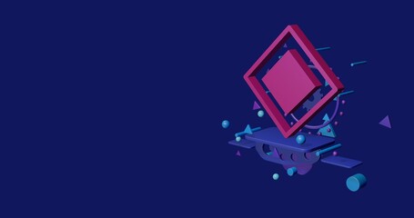 Poster - Pink main road sign on a pedestal of abstract geometric shapes floating in the air. Abstract concept art with flying shapes on the right. 3d illustration on indigo background
