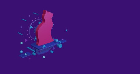 Poster - Pink cat symbol on a pedestal of abstract geometric shapes floating in the air. Abstract concept art with flying shapes on the left. 3d illustration on deep purple background