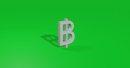 Poster - Isolated realistic white thai baht symbol front view with shadow. 3d illustration on green chroma key background