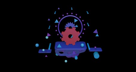 Poster - Red gear symbol on a pedestal of abstract geometric shapes floating in the air. Abstract concept art with flying shapes in the center. 3d illustration on black background