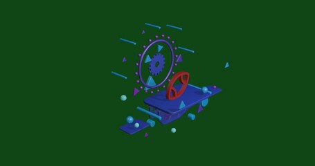 Poster - Red rugby symbol on a pedestal of abstract geometric shapes floating in the air. Abstract concept art with flying shapes in the center. 3d illustration on green background