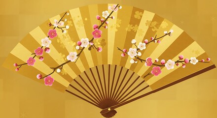 Fototapete - Ornate gold fan adorned with delicate cherry blossoms.