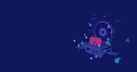 Poster - Pink diving goggles symbol on a pedestal of abstract geometric shapes floating in the air. Abstract concept art with flying shapes on the right. 3d illustration on indigo background