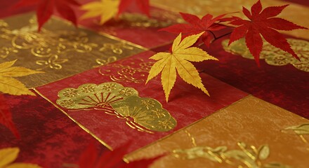 Fototapete - Autumnal design with gold and red patterns and leaves.