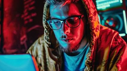 Cyberpunk Hacker Intensely Working on Laptop in Neon-Lit Room