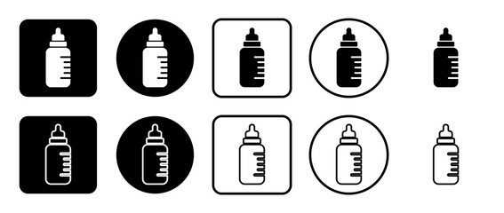 Poster - Icon set of feeding bottle symbol. Filled, outline, black and white icons set, flat style.  Illustration on transparent background