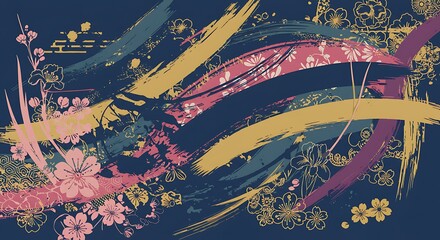 Fototapete - A floral design with bold brushstrokes and a japanese aesthetic.