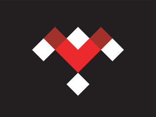 Poster - Minimalist Geometric Heart Shape from Red and White Squares on Black Background