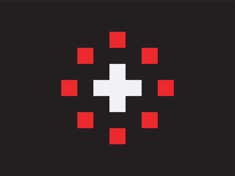 Pixelated Geometric Cross Surrounded by Red Squares Illustration Element