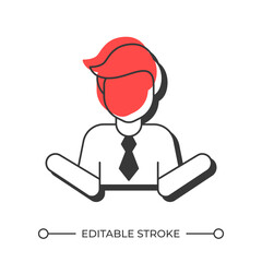 Poster - Shrugging businessman offset shadow line icon. Man office employee showing doubting. Incompetence at workplace. Bold outline symbol with solid red fill. Modern flat illustration. Editable stroke