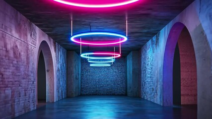 Poster - Futuristic tunnel illuminated by vibrant pink and blue neon lights in an urban setting, Futuristic tunnel with vibrant pink and blue neon lights in 3D